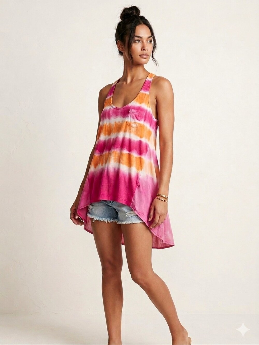 Velvet by Graham & Spencer Silk Blend Tie Dye Hi-Low Tank Top Pink Orange S Boho